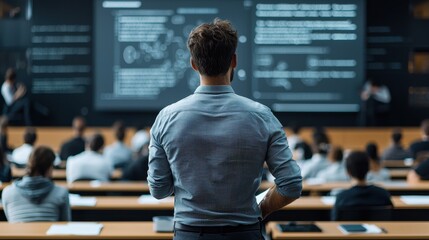Professional giving a lecture in a modern university classroom.