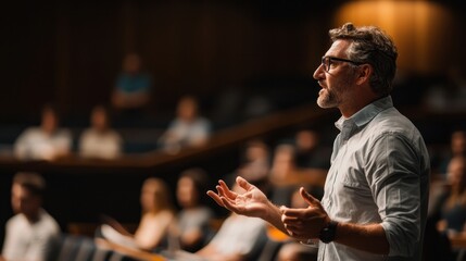 Professional speaker addressing an audience in a conference setting.