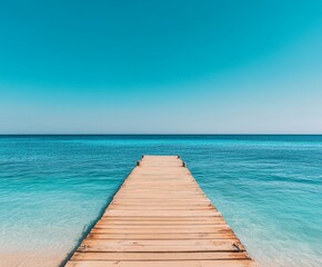 A wooden pier is in front of a blue ocean