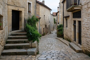 Narrow cobblestone street in a historic, picturesque village with stone buildings, black doors, potted plants, and greenery climbing up stairs.