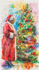 Naklejka premium Elderly African American Woman in Santa Costume Decorating Christmas Tree. Concept of Holiday Festivities, Winter Celebration, Festive Spirit. Vertical