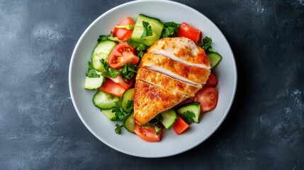 A plate of chicken with vegetables on a white table, AI