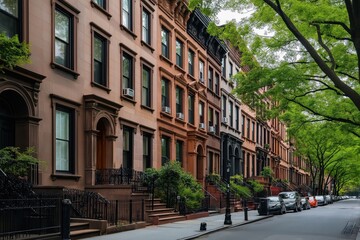 Naklejka premium Row of classic brownstone buildings with black windows and stoops, lined up along a quiet tree-lined street with parked cars.