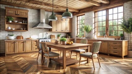 Fototapeta premium Rustic wooden kitchen room with dining table and chairs on parquet floor