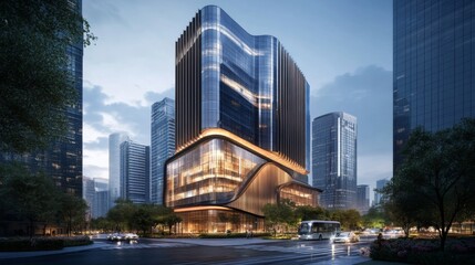 Naklejka premium A modern office building with a unique architectural design, surrounded by other tall structures in the heart of the city.