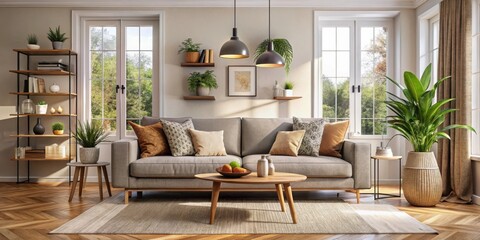Obraz premium Cozy modern living room interior with comfortable sofa, stylish decor, and natural lighting