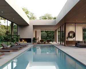 Tranquil Turquoise Pool Oasis in Modern Minimalist Architecture with Reflective Glass Doors and Concrete Walls, Serene Luxury Living Concept