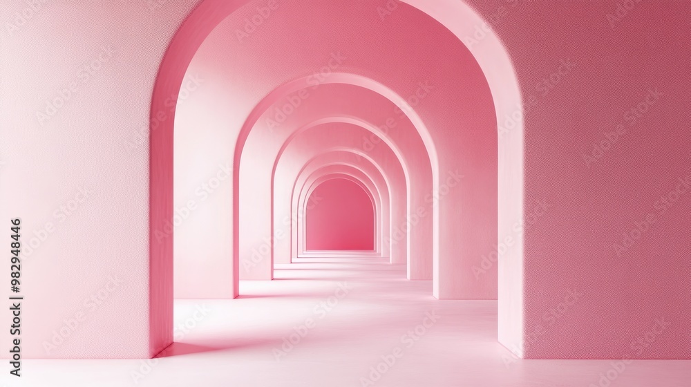 Poster surreal 3d render featuring an abstract arch corridor with a pastel pink background highlighting a d