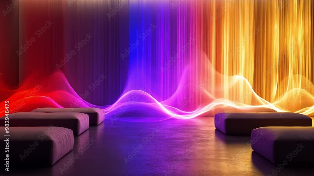 Poster Colorful light patterns create a mesmerizing atmosphere in a modern lounge with seating elements during evening hours