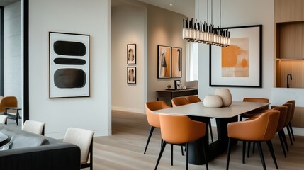 Contemporary dining room with a large rectangular table, surrounded by orange chairs and modern minimalist artwork on the walls, featuring a sleek light fixture and cozy decor accents.