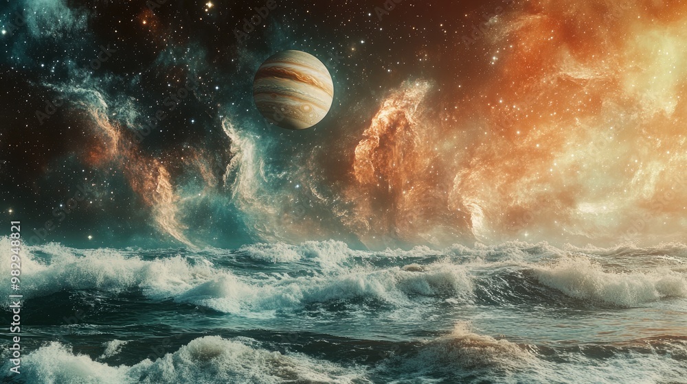 Poster surreal 3d rendering of planets including jupiter mercury saturn and venus featuring ocean waves clo