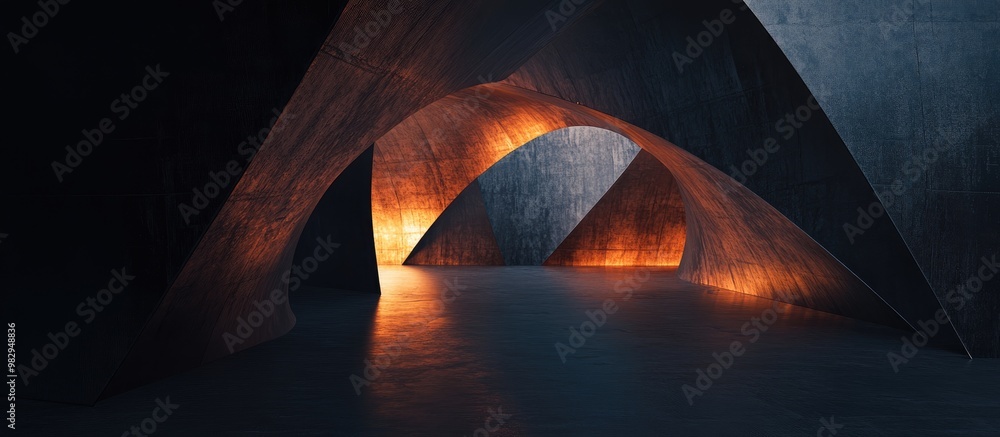 Poster abstract 3d rendering of a surreal structure featuring a dark backdrop and lines in an open space pr