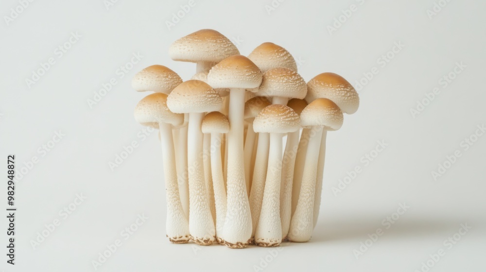 Leinwandbilder a neat cluster of yanagi mushrooms standing upright on a minimalist white surface, with the slender 