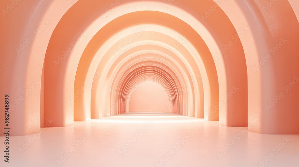 Poster surreal 3d rendering of an abstract arch tunnel with a pastel peach background showcasing a concept 