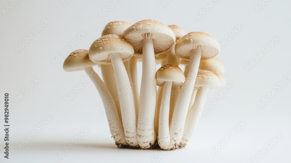 Leinwandbilder a neat cluster of yanagi mushrooms standing upright on a minimalist white surface, with the slender 