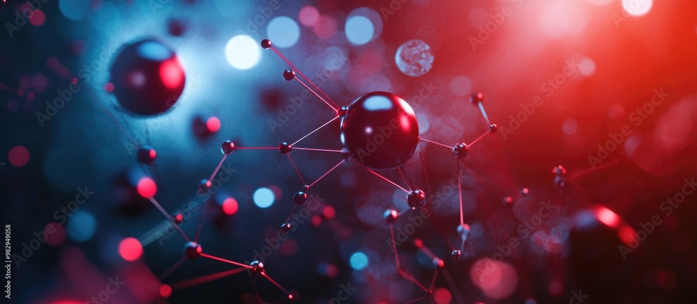 Poster abstract composition featuring interconnected wires and spheres illuminated by red and blue lighting