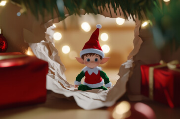 Elf looking thru torn wallpaper hole, copy paste banner, Christmas theme