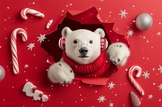 Bear wearing earmuffs, looking thru torn wallpaper hole, copy paste banner, Christmas theme