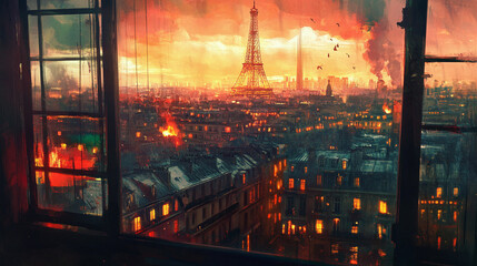 panorama of paris landscape  buildings throuh a window, sunset scene urban panoramic cartoon, comic book illustration, digital painting france sunset orange red soft pastel, eiffel tower 2d animation