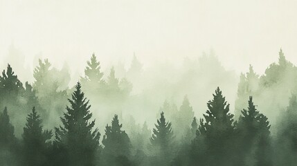 Fototapeta premium Serene forest landscape embraced by soft mist, showcasing rich green foliage and towering trees in a tranquil nature setting.