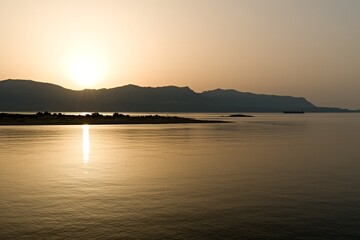 View from Elafonisos island on the Peloponnese peninsula at sunrise. Laconia. Greece. Europe.