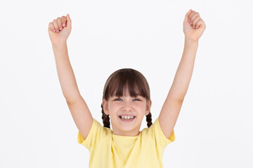 portrait of a beautiful caucasion girl with hands up, win concept, isolated on white background