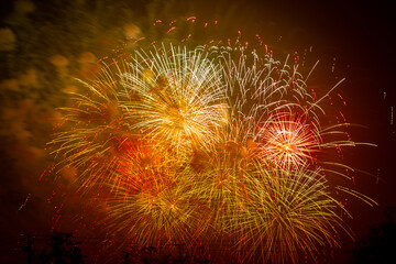 Obraz premium Red orange bright sparks of fireworks on the black sky