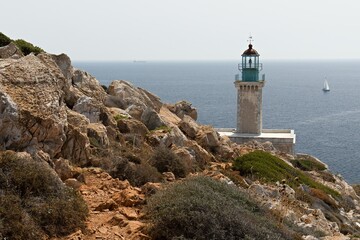 A view of the lighthouse that stands on Cape Matapan, the southernmost point of mainland Greece and...