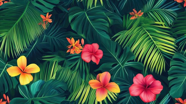 Tropical palm leaves in a seamless stylish floral pattern with a Hawaiian theme