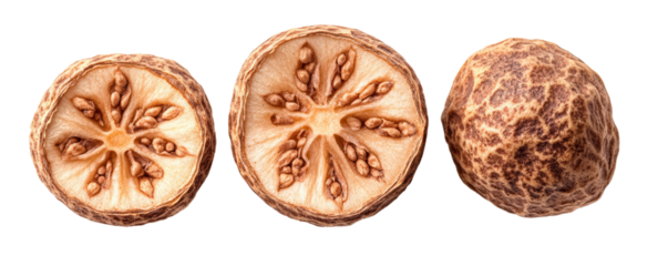 Close-up of dried bael fruit slices and a whole bael fruit showing intricate patterns. Perfect for natural, organic, and herbal themes.