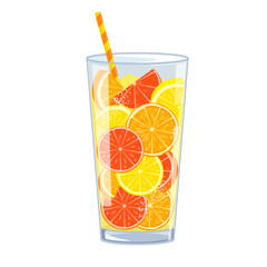 Refreshing summer drink with sliced citrus fruits in a tall glass
