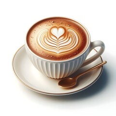 Elegant Cappuccino with Heart-Shaped Latte Art in a White Porcelain Cup on Saucer