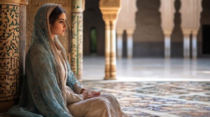 A serene woman in traditional attire sits gracefully in a beautifully adorned architectural space, reflecting cultural elegance and tranquility.