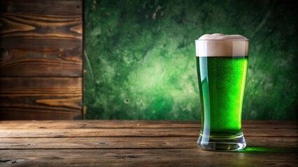 Green beer in a glass on wooden table for St. Patrick's Day celebrations