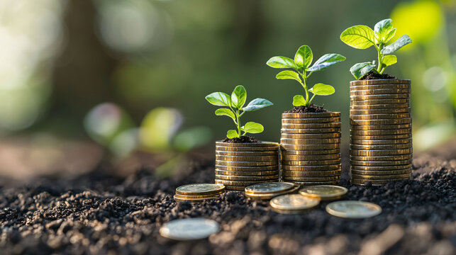 Growing plants emerge from stacked coins, symbolizing financial growth and sustainability. This image captures essence of investment and nurturing future prosperity