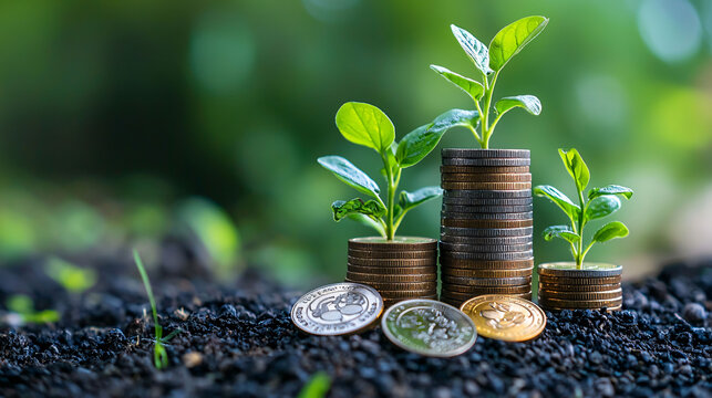 Growing plants emerge from stacked coins, symbolizing connection between finance and sustainability. This image captures essence of growth and investment in vibrant, green environment