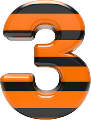 Glossy 3D Number 3 with Orange and Black Stripes