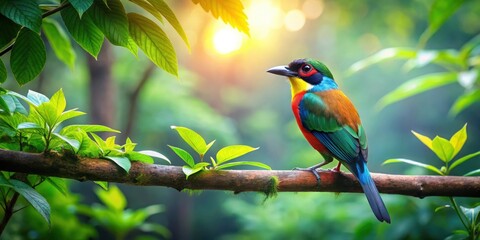 Tranquil forest scene with colorful bird perched on branch in lush greenery