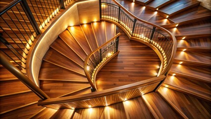 Fototapeta premium Elegant top view of glowing wooden staircase with warm lighting for home decor, interior design, architecture background