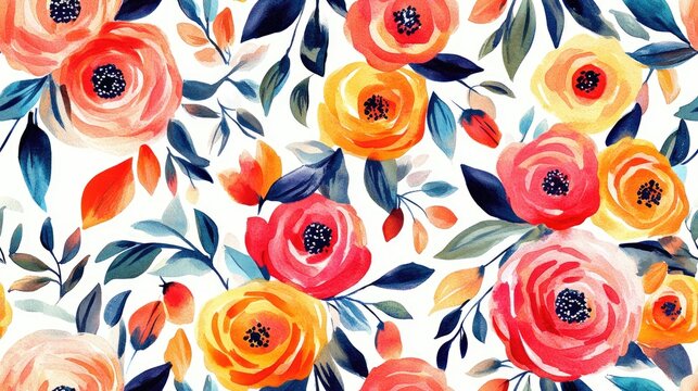Seamless geometric ethnic pattern featuring an allover design of multi colored floral ornaments hand painted with watercolor roses and floral textures