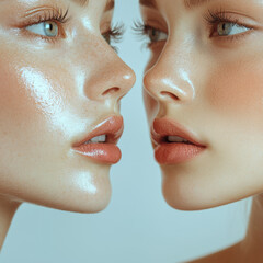 Obraz premium image features two close up faces with glowing skin, highlighting their natural beauty and unique features. soft lighting enhances details of their skin texture and expressions, creating an intimate