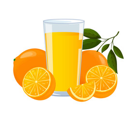 Glass of fresh orange juice with ripe oranges around