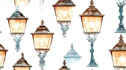 Retro seamless pattern featuring vintage street lamps Grunge illustration in watercolor style on a white background