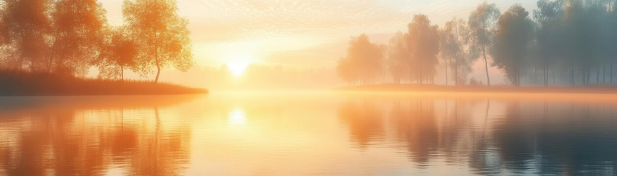 Serene sunrise over a peaceful lake, reflections in the calm water