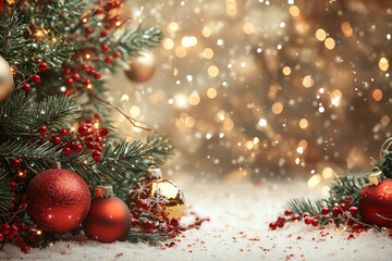 A festive Christmas scene featuring beautifully decorated tree with ornaments, red berries, and snowy background. warm bokeh lights create joyful and magical atmosphere