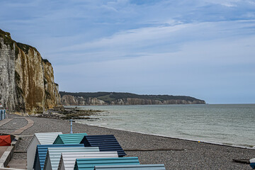 Pebble Beach, bathing boxes and cliffs in Dieppe in Seine Maritime department in the Normandy...