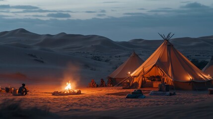 A tranquil desert scene at dusk featuring tents and a warm campfire, surrounded by sandy dunes under a fading sky.