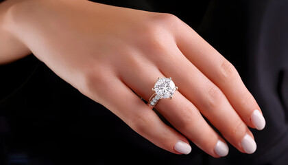 Finger wearing a luxury baguette and solitaire diamond band engagement ring
