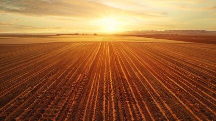 Fototapeta premium Golden Sunset over Furrowed Fields, aerial, agriculture, sunset, landscape , field, farm