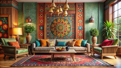 Obraz premium Ethnic style living room interior with vibrant colors and intricate patterns